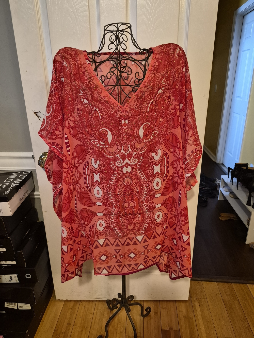 Red Paisley V-Neck Women's Top - Elegant Boho Style